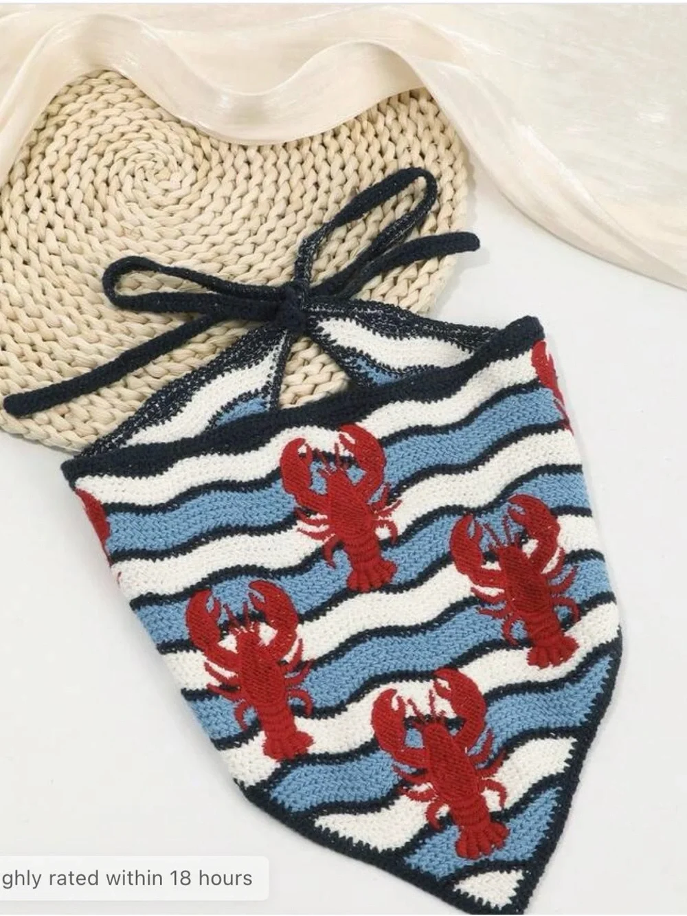 NWOT Red, White and Blue Striped Headscarf with Red Lobster Motif, OS